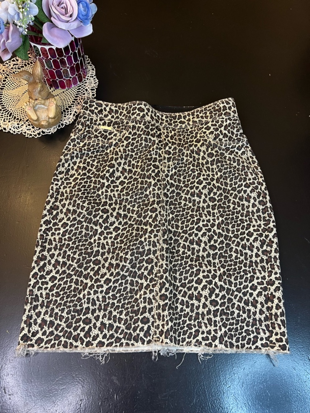 Coco + Carmen Brown Cheetah Leopard Print Denim Pull On Knee Length Skirt Sz S